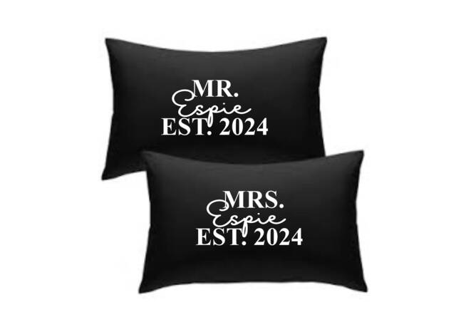 Personalised Couple Mr Mrs/ Mr/ Mrs Your Surname & Year Est. Established Pillowcase Pair - Wedding Engagement Anniversary Black