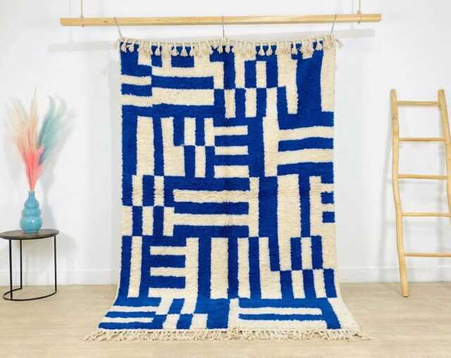 Electric Blue & Cream Bauhaus Moroccan Rug, Abstract Geometric Berber Carpet, Large Handmade Wool Shag Rug - image 1