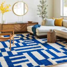 Electric Blue & Cream Bauhaus Moroccan Rug, Abstract Geometric Berber Carpet, Large Handmade Wool Shag Rug - thumbnail 3