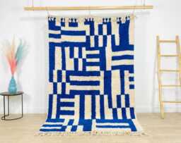 Electric Blue & Cream Bauhaus Moroccan Rug, Abstract Geometric Berber Carpet, Large Handmade Wool Shag Rug