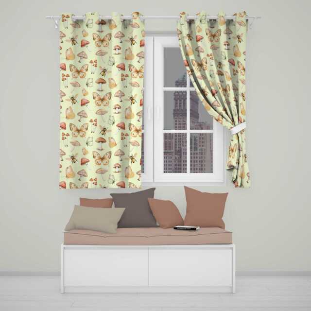 Vintage Butterfly Bees Mushrooms Illustration Sage Green Background Seamless Readymade Eyelet Ring Top Thermal 100% Blackout Curtains - image 1