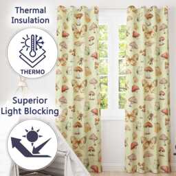 Vintage Butterfly Bees Mushrooms Illustration Sage Green Background Seamless Readymade Eyelet Ring Top Thermal 100% Blackout Curtains - thumbnail 3