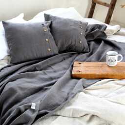 Heavyweight Linen Throw Blanket, Softened Stone Gray Coverlet - thumbnail 2