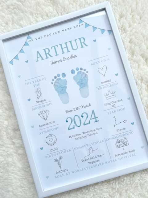 On The Day You Were Born Personalised Baby Footprint Keepsake Print - New Boy Girl Gift Birth Details Blue, Pink - image 1