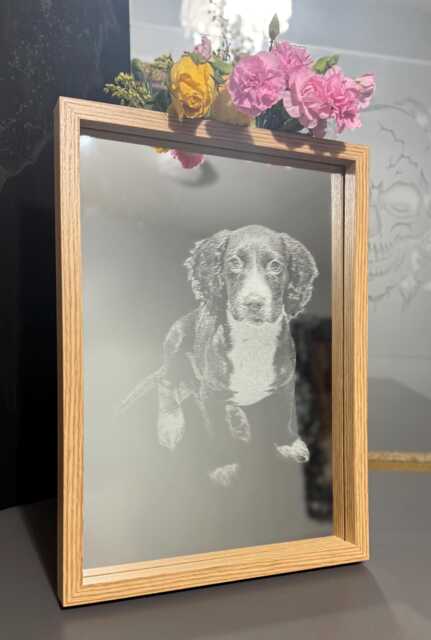 Photo Engraved Mirror Portrait Etched Black Framed Stand Decor Personalised Grey Wood White Box Home, Art, Dog Pet Family Print Memorial - image 1