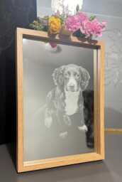 Photo Engraved Mirror Portrait Etched Black Framed Stand Decor Personalised Grey Wood White Box Home, Art, Dog Pet Family Print Memorial - thumbnail 1
