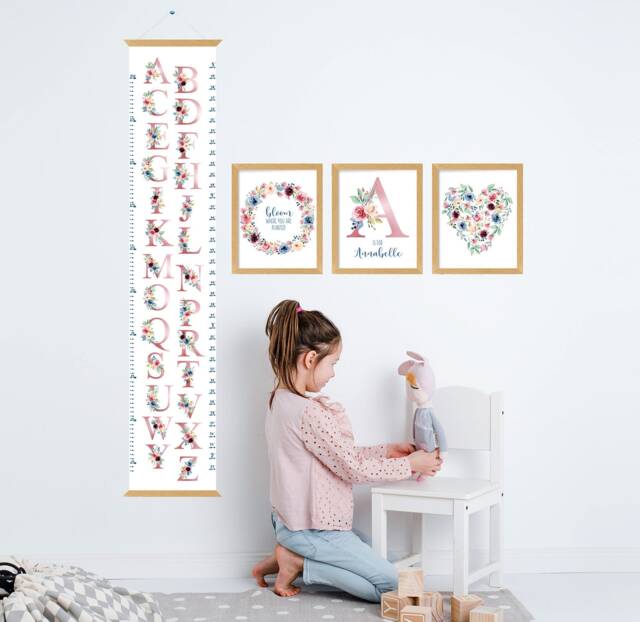 Flower Alphabet Kid's Room Set, Personalised Nursery Print Floral Decor, Includes Canvas Growth Chart & A Set Of 3 Prints - image 1