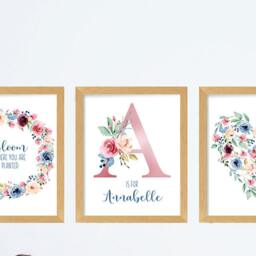 Flower Alphabet Kid's Room Set, Personalised Nursery Print Floral Decor, Includes Canvas Growth Chart & A Set Of 3 Prints - thumbnail 3