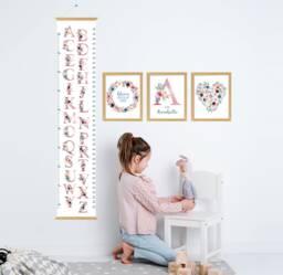 Flower Alphabet Kid's Room Set, Personalised Nursery Print Floral Decor, Includes Canvas Growth Chart & A Set Of 3 Prints - thumbnail 1