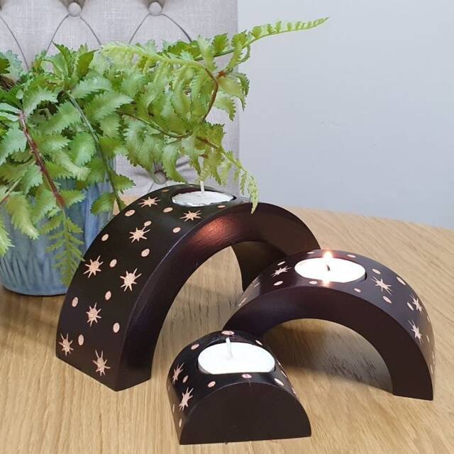 Hand Crafted Carved Wood Abstract Design Set Of 3 Arch Candle Holders -Various Designs - image 1