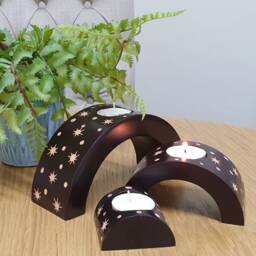 Hand Crafted Carved Wood Abstract Design Set Of 3 Arch Candle Holders -Various Designs - thumbnail 1