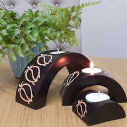 Hand Crafted Carved Wood Abstract Design Set Of 3 Arch Candle Holders -Various Designs - thumbnail 2