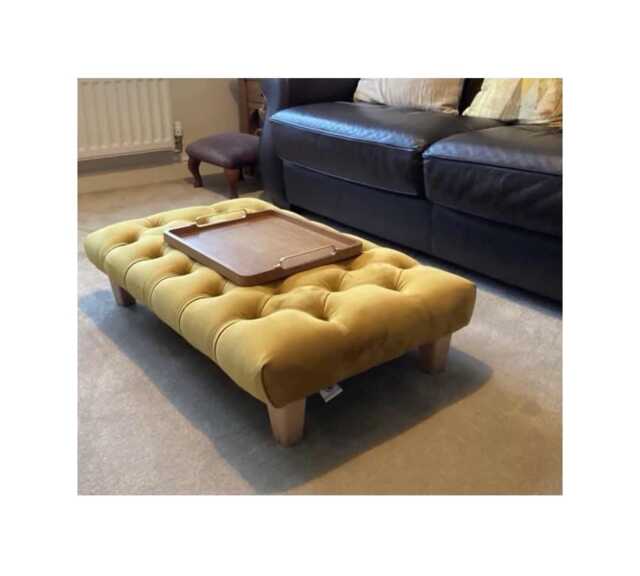 Chesterfield Tufted Velvet Footstool - Ottoman Coffee Table, Wooden Legs - image 1