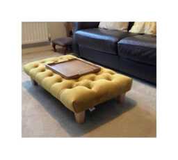 Chesterfield Tufted Velvet Footstool - Ottoman Coffee Table, Wooden Legs - thumbnail 1