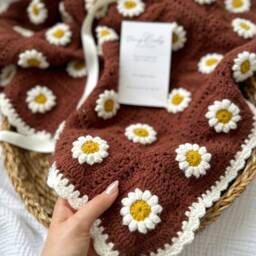 Handmade Crochet Daisy Baby Blanket, Cotton Knit, New Gift - thumbnail 2