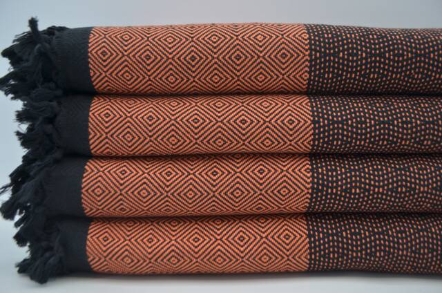 "Orange & Black Blanket, Peshtemal Cover, Bed Rug, 79""x95" - image 1