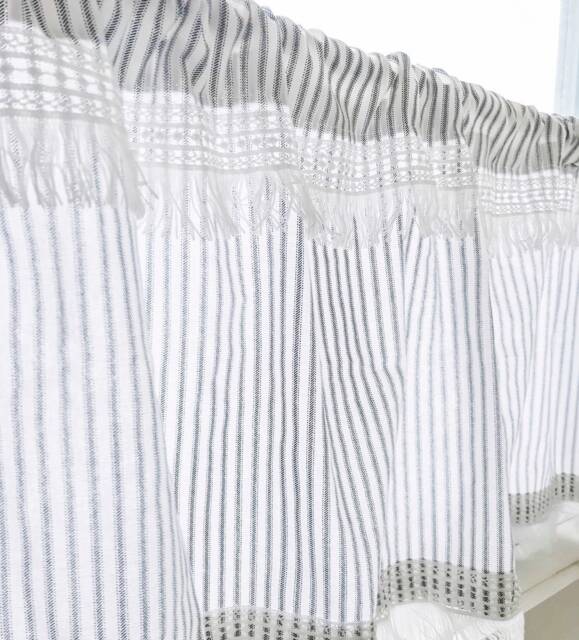 Cafe Curtains, Ticking Striped, With White Boho Trimming, Kitchen Window Treatments, Decor - image 1