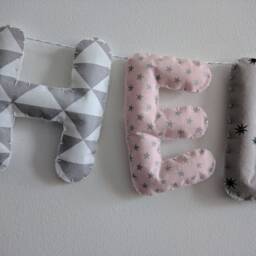Fabric Name Garland/Letters Banner/Baby Room Decoration/Wall Art Nursery/ Pink Grey Stars Vintage - thumbnail 2