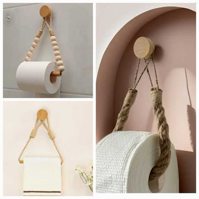 No Drill Wooden Toilet Roll Holder Bathroom Accessory Tissue Holder Kitchen Towel Wall Hanging Self Adhesive Toilet Paper Stand - image 1