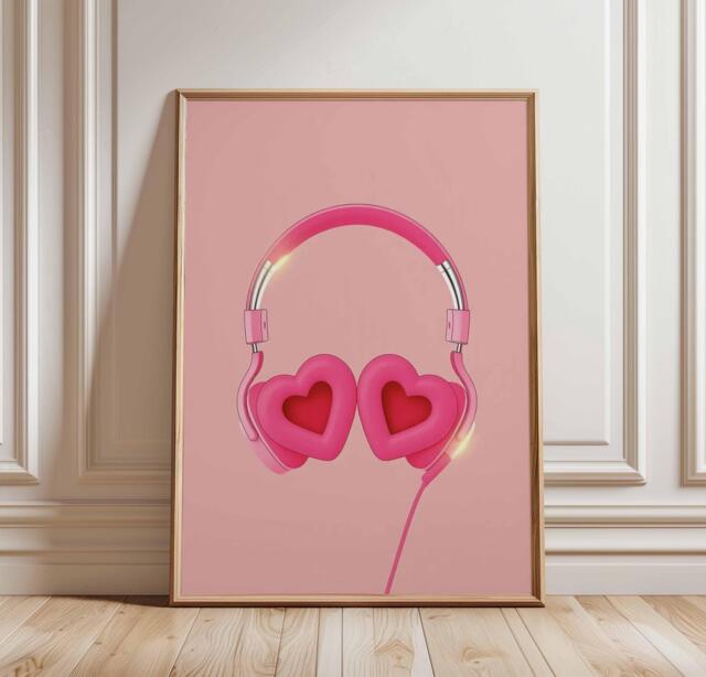 Heart Headphones Poster, Cute Pink Music Wall Art, Fun Girl Room Decor, Y2K Aesthetic Print, Playful Audio Illustration - image 1