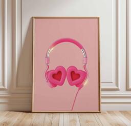 Heart Headphones Poster, Cute Pink Music Wall Art, Fun Girl Room Decor, Y2K Aesthetic Print, Playful Audio Illustration - thumbnail 1