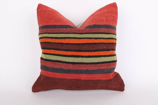 Vintage Turkish Kilim Pillow Cover Handwoven Wool Throw - 16x16 - image 1