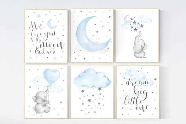 Elephant Nursery Decor Moon, Stars, Blue & Gray Wall Art - image 1