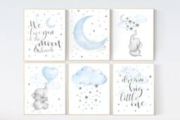 Elephant Nursery Decor Moon, Stars, Blue & Gray Wall Art - thumbnail 1