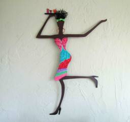 Upcycled Metal African Lady Wall Art Caribbean Cocktail Decor - 16 X 23 - thumbnail 1
