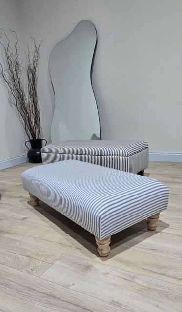 Blue Stripe Footstool, Coffee Table Bench, French Black & White Pouffe - image 1