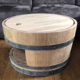 Wine Barrel Coffee Table With Wooden Lid & Natural Shelf - thumbnail 2