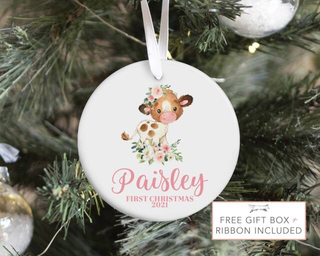 Farm Baby First Christmas Ornament, Personalized Cow Christmas, Tractor Holiday Ornament - image 1