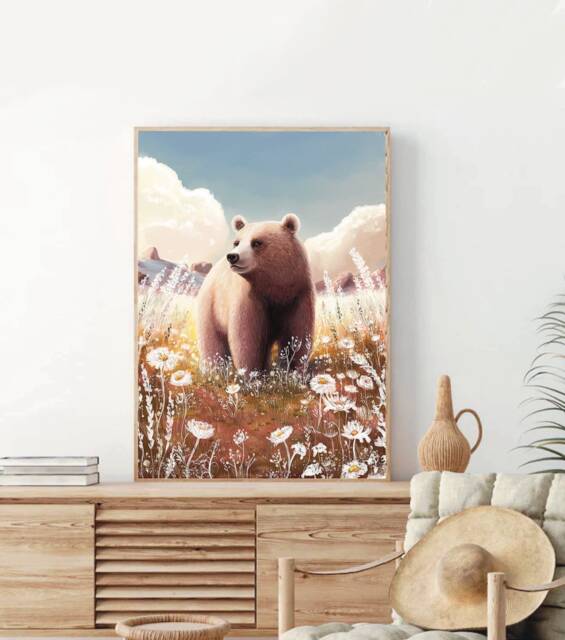 A4 A5 Bear & Summer Field Art Print - Fantasy Art Poster Enchanted Forest Woodlands Whimsical - Nursery Alaska Bear - image 1