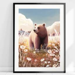 A4 A5 Bear & Summer Field Art Print - Fantasy Art Poster Enchanted Forest Woodlands Whimsical - Nursery Alaska Bear - thumbnail 2