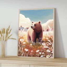 A4 A5 Bear & Summer Field Art Print - Fantasy Art Poster Enchanted Forest Woodlands Whimsical - Nursery Alaska Bear - thumbnail 3