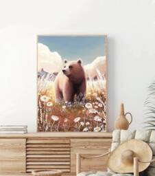 A4 A5 Bear & Summer Field Art Print - Fantasy Art Poster Enchanted Forest Woodlands Whimsical - Nursery Alaska Bear - thumbnail 1