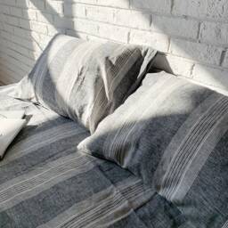 Stone Washed Linen Bedding Set Gray Striped Duvet Cover + 2 Pillowcases - thumbnail 3