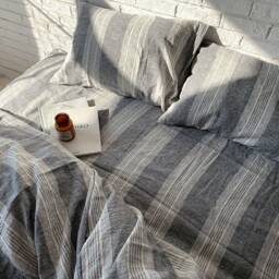 Stone Washed Linen Bedding Set Gray Striped Duvet Cover + 2 Pillowcases - thumbnail 2