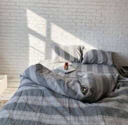 Stone Washed Linen Bedding Set Gray Striped Duvet Cover + 2 Pillowcases