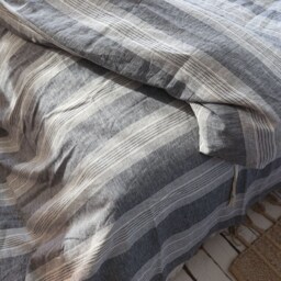 Stone Washed Linen Bedding Set Gray Striped Duvet Cover + 2 Pillowcases - thumbnail 4