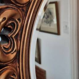 Vintage Round Rococo Style Gold Gilt Gesso Wall Mirror, Bevelled Edge - thumbnail 3