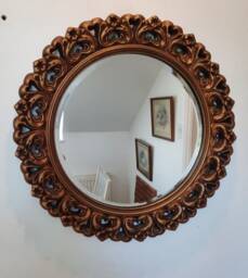 Vintage Round Rococo Style Gold Gilt Gesso Wall Mirror, Bevelled Edge