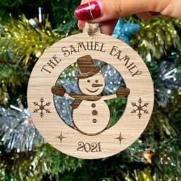 Personalised Family Snowman Christmas Xmas - Tree Decoration/Bauble Ornament- Wooden Wood Engraved Oak, Cherry Or Walnut- Gift/Present - thumbnail 2