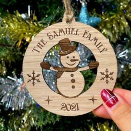 Personalised Family Snowman Christmas Xmas - Tree Decoration/Bauble Ornament- Wooden Wood Engraved Oak, Cherry Or Walnut- Gift/Present - thumbnail 1