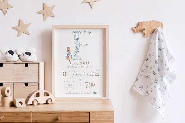 New Baby Boy Gift, Personalised Print For Boys, Gift Boy, Birth Print Blue, Peter Rabbit - image 1