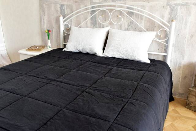 King Size Black Linen Quilt Stonewashed Organic Bedding 118x108 - image 1