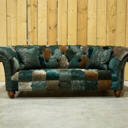 3 Seater Green Velvet Fabric Patchwork Chesterfield Sofa, British Handmade - thumbnail 2