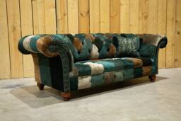 3 Seater Green Velvet Fabric Patchwork Chesterfield Sofa, British Handmade