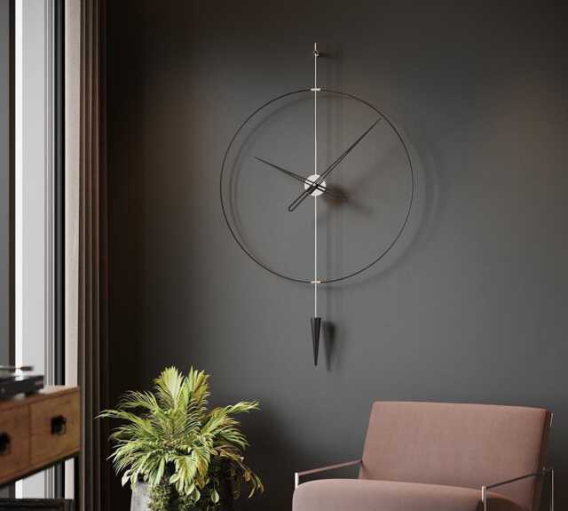 Large Silver Pendulum Wall Clock, Modern Dark Interior Decor, Minimalist Silent Design - image 1
