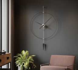 Large Silver Pendulum Wall Clock, Modern Dark Interior Decor, Minimalist Silent Design - thumbnail 1